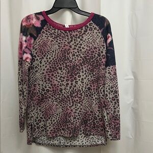 Honeyme Pink and Black Leopard Floral Long Sleeve Top